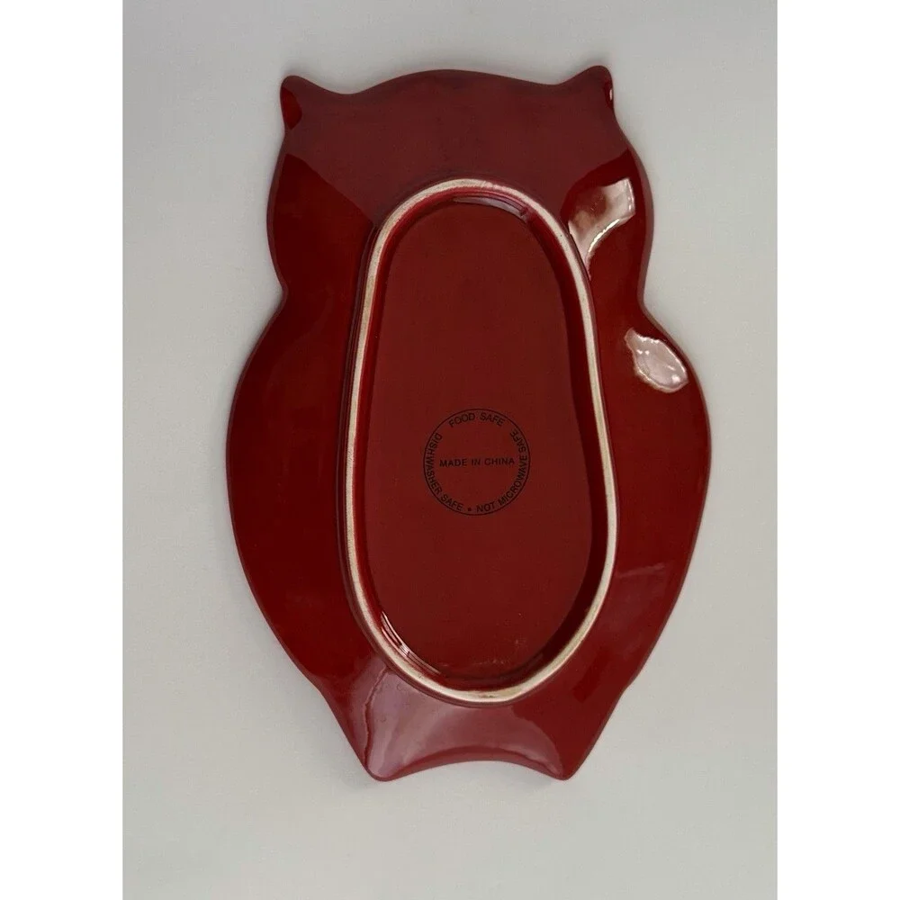 Owl Red Ceramic Spoon Rest Trinket Dish Decor Floral Scroll Glazed Garnet Fall
